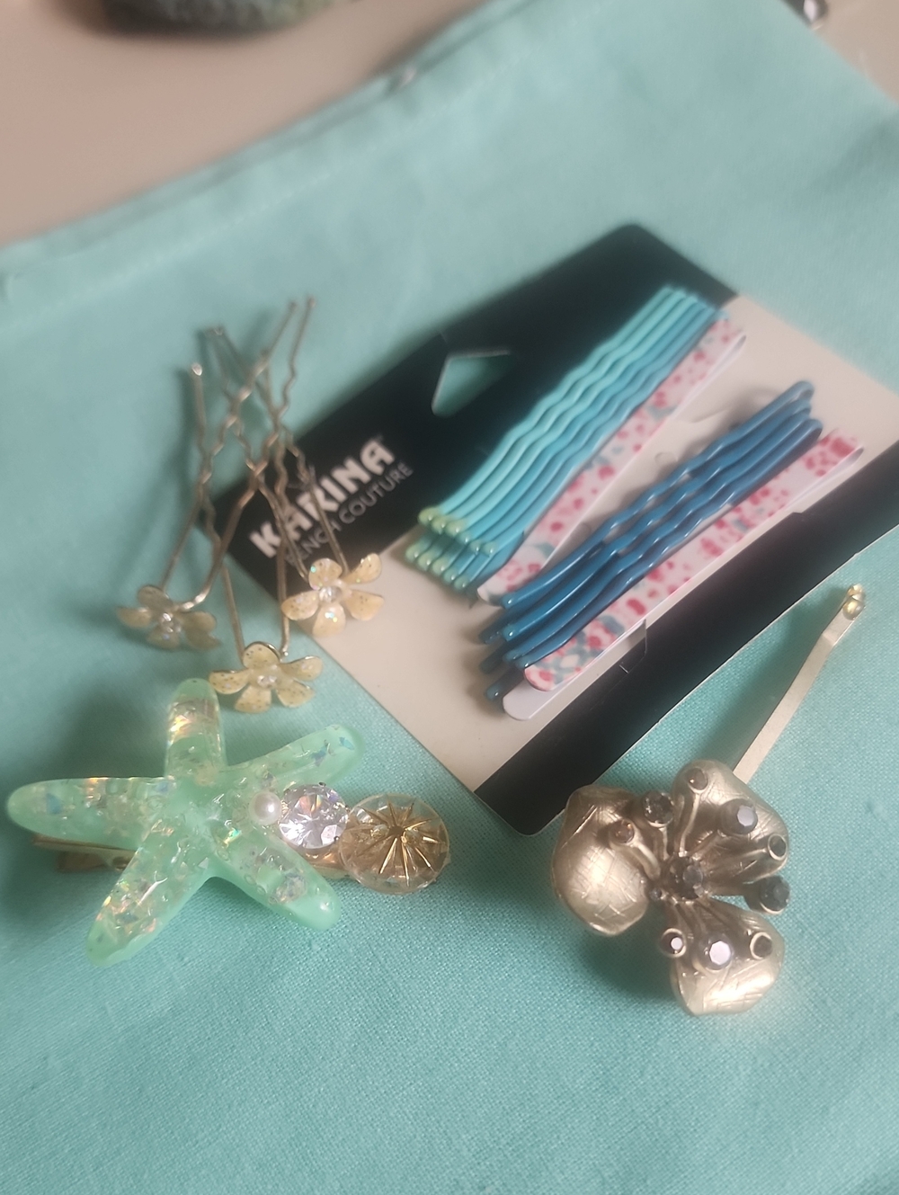 Hair Accessories -Clip Set, Aqua Starfish, Crystal Hair Pins, Gold & Crystal Bob